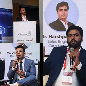 Close-up images of key cybersecurity speakers at the CT Cyber Charcha event 2025