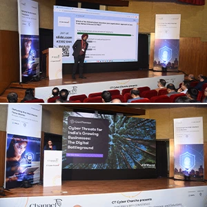 Speakers presenting cybersecurity insights at CT Cyber Charcha using integrated hybrid event technology