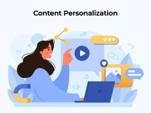 Illustration of a woman customizing content with video, images, and engagement tools on a laptop.