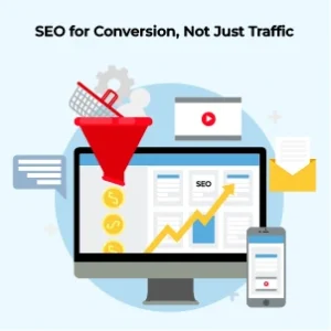 Graphic showing SEO strategies aimed at improving both traffic and sales conversions.