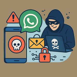 Illustration of a hacker in a hoodie using a laptop with a skull icon, surrounded by WhatsApp logo, phishing email, malware alert, and lock icon representing WhatsApp hacking and data breach risks.