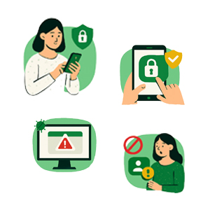Set of four icons showing a woman using phone with security shield, a smartphone with lock icon, warning alert on a computer screen, and user privacy warning representing WhatsApp safety and online protection.